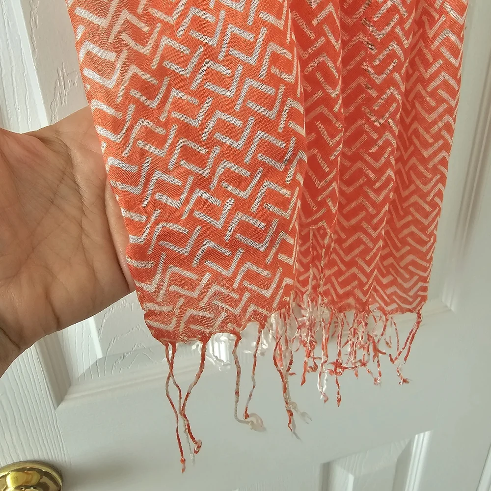 Boho Geometric Scarf Bright Modern Orange White Lightweight Fringe Summer Wrap